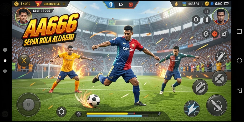 Screenshot menunjukkan pertandingan sepak bola yang seru dengan pemain beraksi.