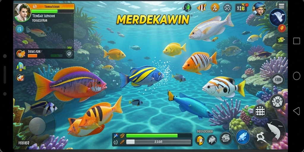 Screenshot gameplay MERDEKAWIN menampilkan aksi tembak ikan yang seru.