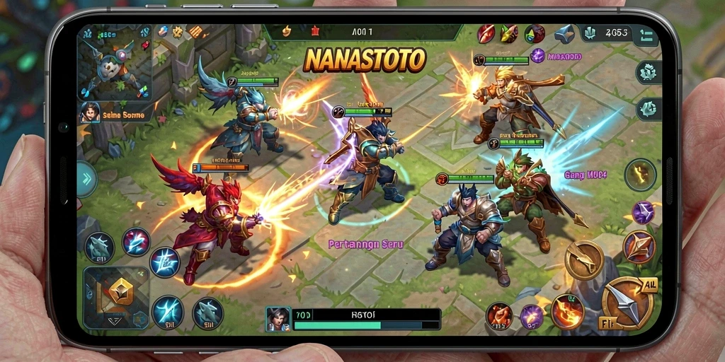 Screenshot gameplay NANASTOTO yang menampilkan aksi pertempuran MOBA yang intens.
