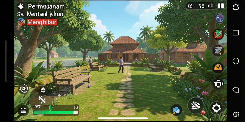 Tampilan gameplay <strong>V87</strong> dengan karakter penuh warna dan level menarik.